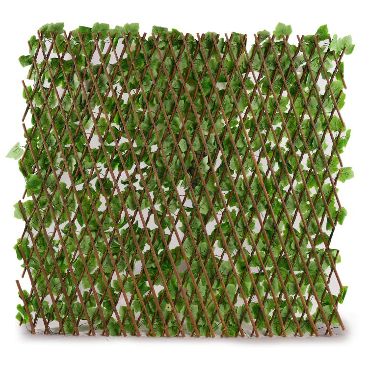 Brown wood lattice with sparse green faux ivy leaves for privacy screen panel