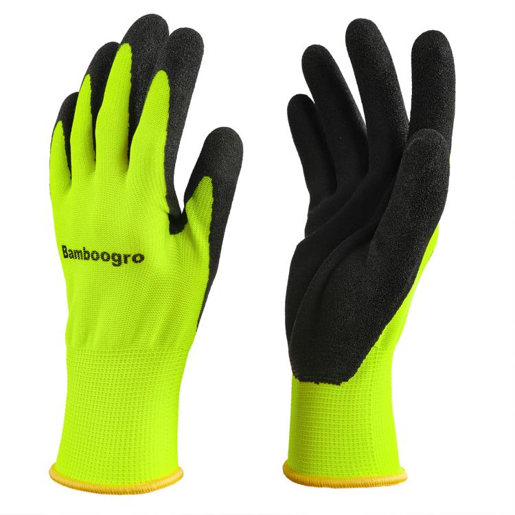 Neon yellow seamless knit gloves with black textured grip coating on palm and fingers