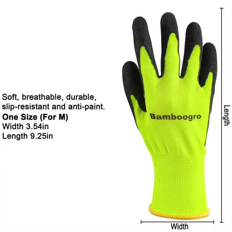 Neon yellow knit work gloves with black non-slip textured coating on fingertips and palm