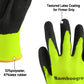 Neon yellow seamless glove with black textured latex coating for grip, shown in close-up