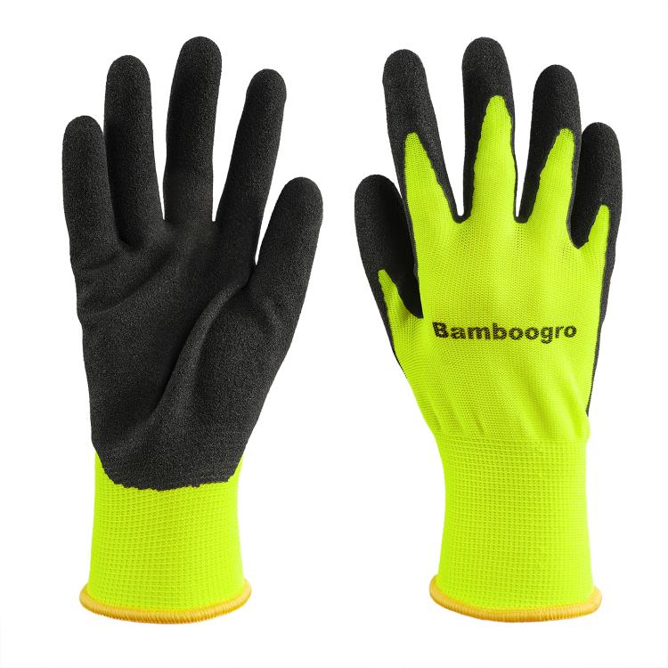 Pair of neon yellow seamless knit gloves with black textured anti-slip palm coating