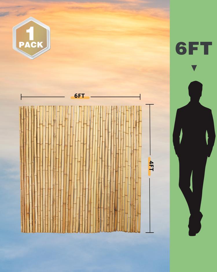 Natural bamboo privacy fence panel with size guides showing 6 ft and 4 ft