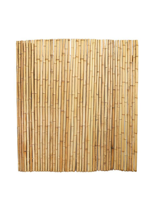 Natural bamboo privacy fence roll panel with vertical poles and woven rows