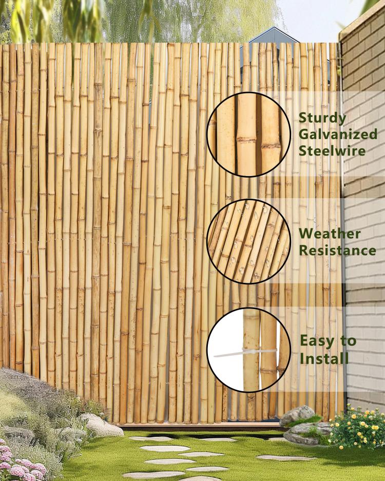 Natural bamboo privacy fence with close-up view of galvanized steel wire