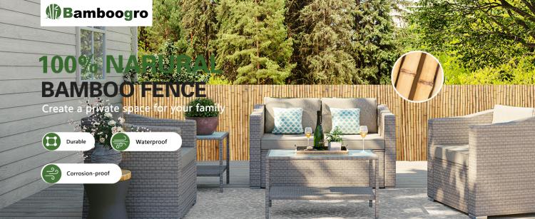 Natural bamboo privacy fence panel with dense pole finish and wire spacing