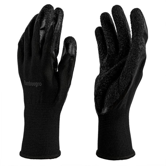 Black knit work gloves with textured latex coating and anti-slip palm, pair view