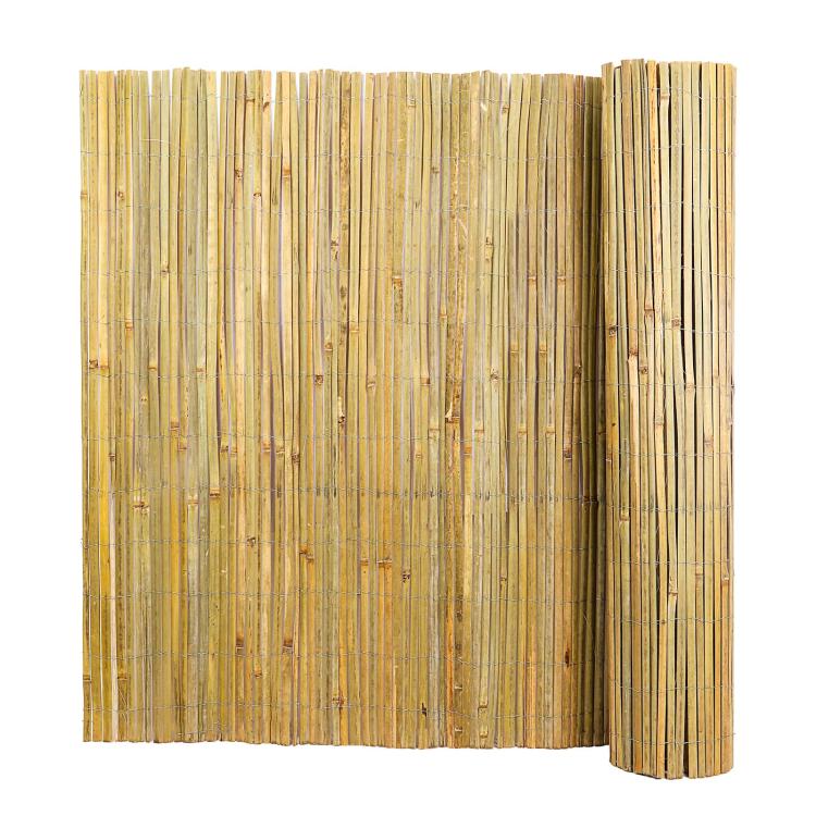Natural bamboo privacy fence roll with vertical slats and rolled edge