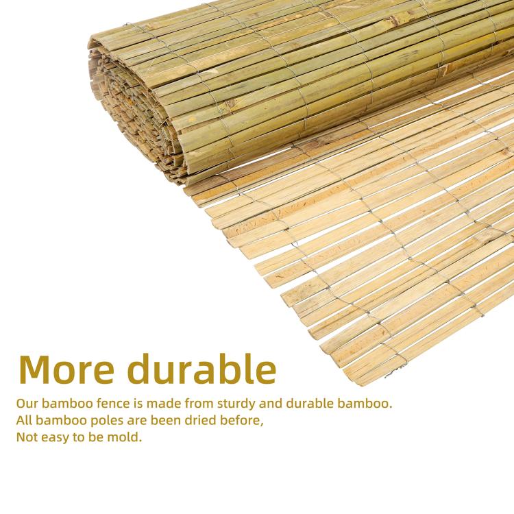 Rolled natural bamboo slat privacy fence with visible bamboo poles and ties