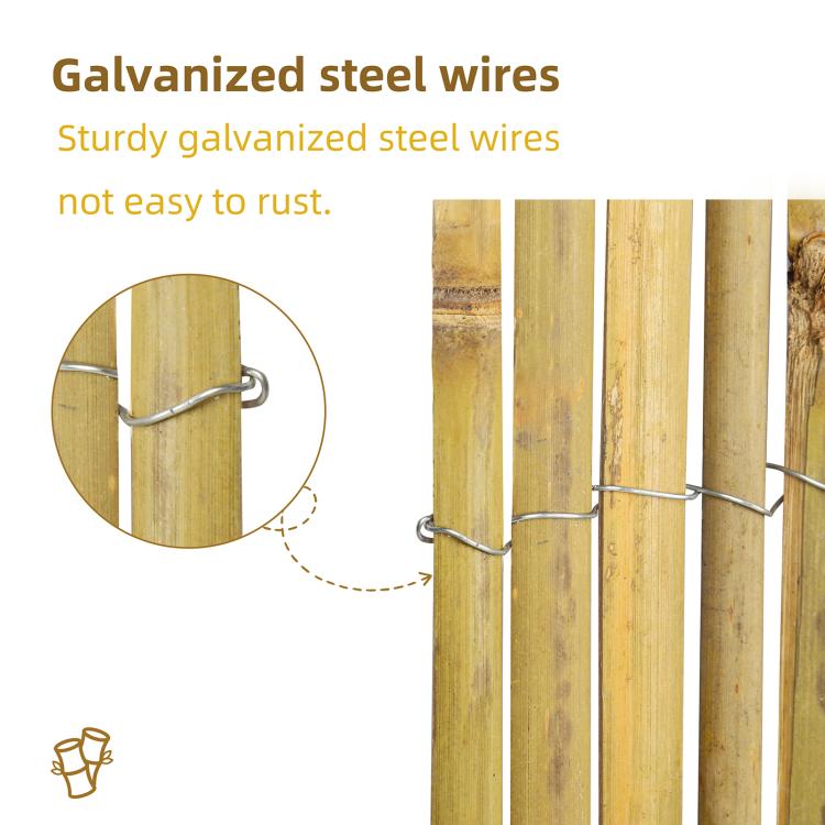 Natural bamboo privacy fence with attached galvanized steel wire ties on poles