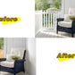 Natural bamboo privacy fence panel shown on a patio railing before and after