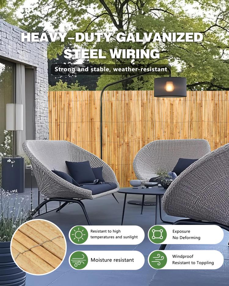 Natural bamboo privacy fence panel around outdoor seating on a patio
