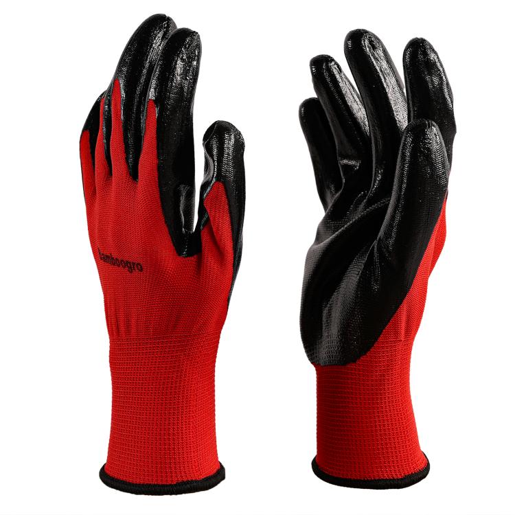 Red knit work gloves with black coated palm and fingers, snug cuff