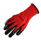 Red knit glove with black coated palm and fingers, arched thumb grip