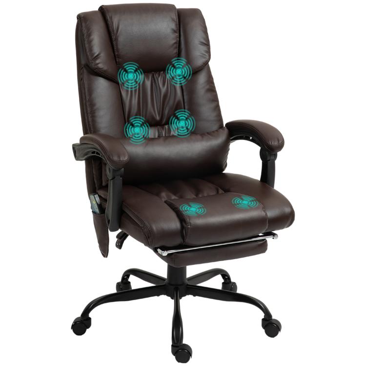 Dark brown high-back massage office chair with armrests and visible vibration nodes