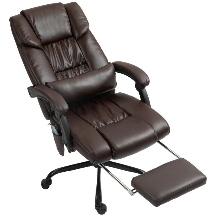 Dark brown reclining massage office chair with retractable footrest and armrests