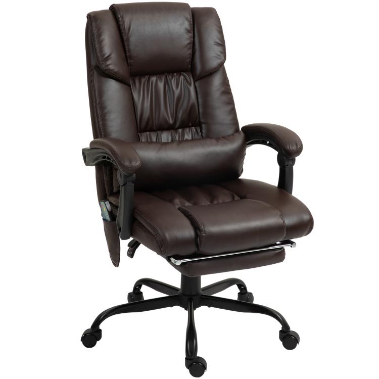 Brown massage office chair with high back, reclining seat, footrest, swivel casters