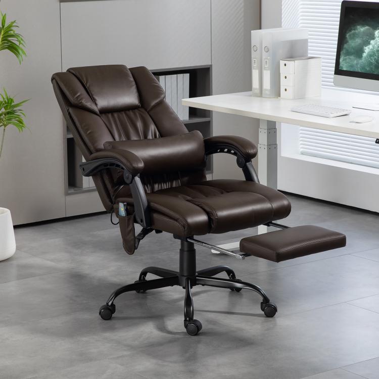Dark brown reclining massage office chair with extended footrest and armrests