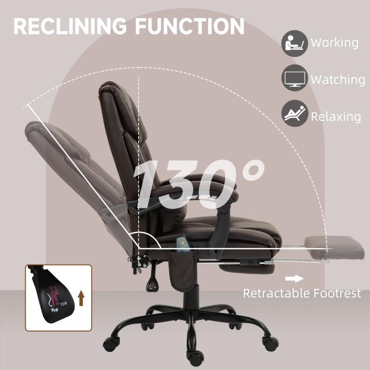 Dark brown reclined massage office chair with tall back and retractable footrest