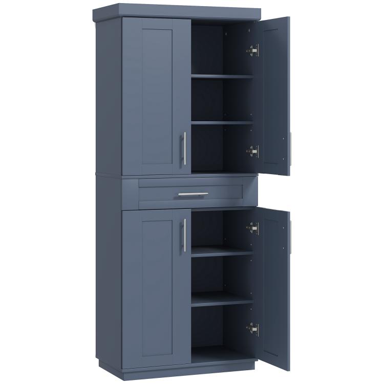 Freestanding navy pantry cabinet with two doors, drawer, and adjustable shelves