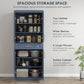 Navy blue pantry cabinet with multiple compartments, doors, and spacious drawer storage
