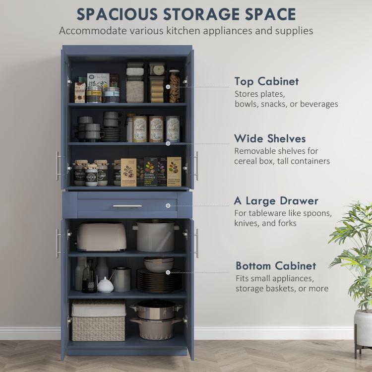 Navy blue pantry cabinet with multiple compartments, doors, and spacious drawer storage