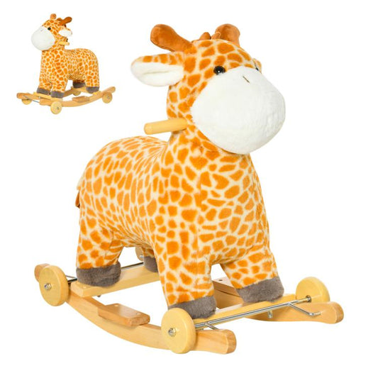 Plush giraffe kids rocking horse with wooden base, rolling rockers, and grip handle