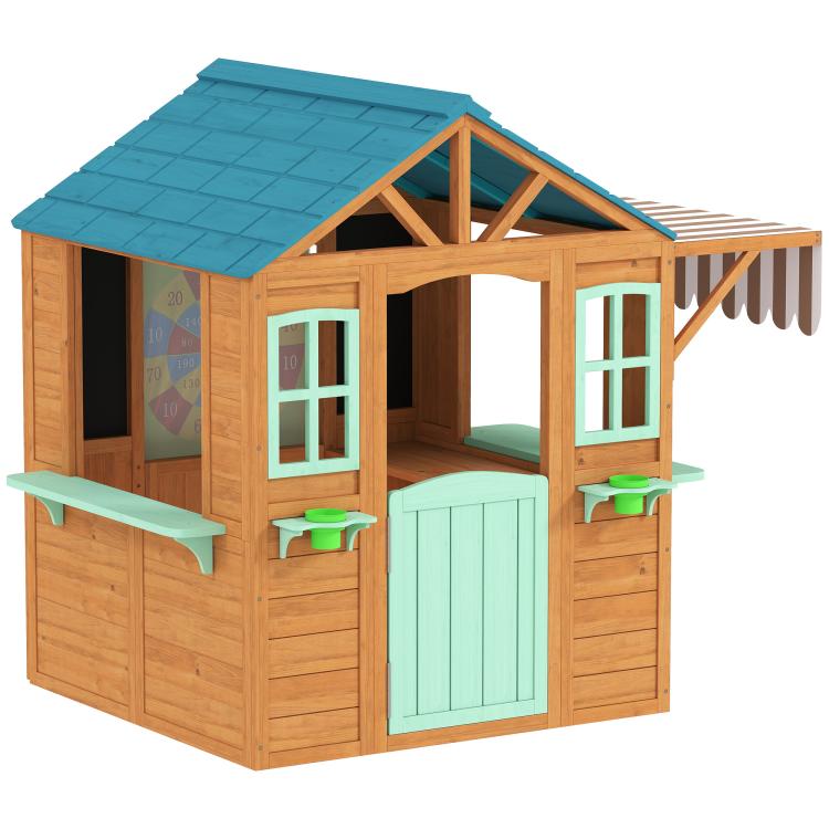 Wooden outdoor playhouse with blue shingle roof, side windows, and striped awning detail