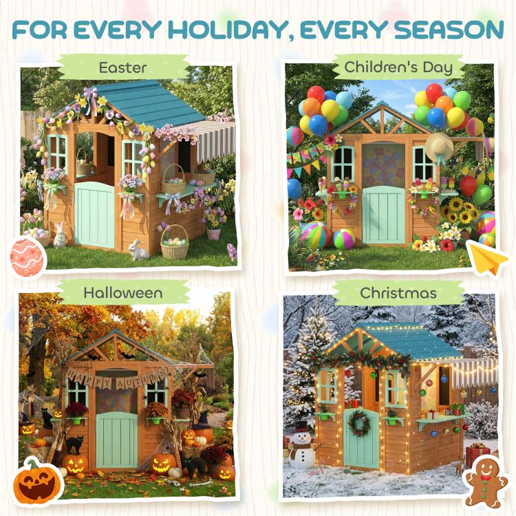 Wooden outdoor playhouse with half door, windows, and holiday decorations