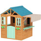 Wooden outdoor playhouse with blue roof, windows, and half door