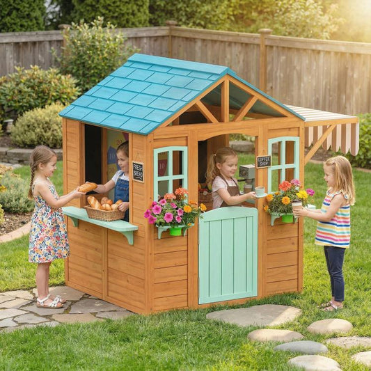 Outdoor wooden playhouse with blue roof, windows, mint door, and snack counter on backyard patio