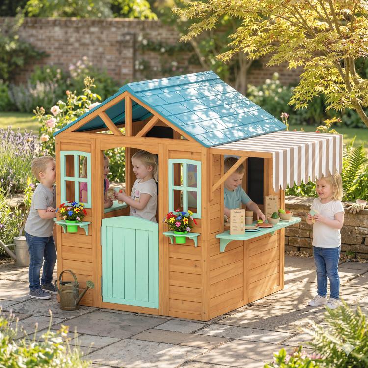 Wooden outdoor playhouse with blue roof, front windows, mint half door, and striped awning
