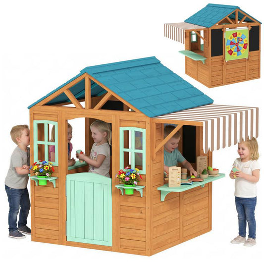 Wooden outdoor playhouse with blue roof, half door, windows, and mint snack bar counter