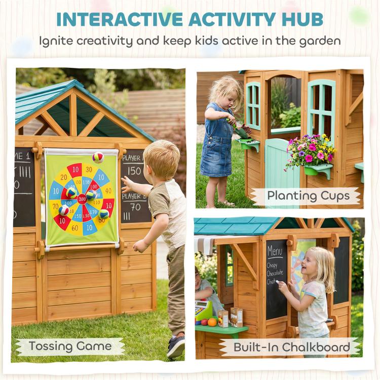 Outdoor playhouse with blue roof, windows, mint door, and attached tossing game panel