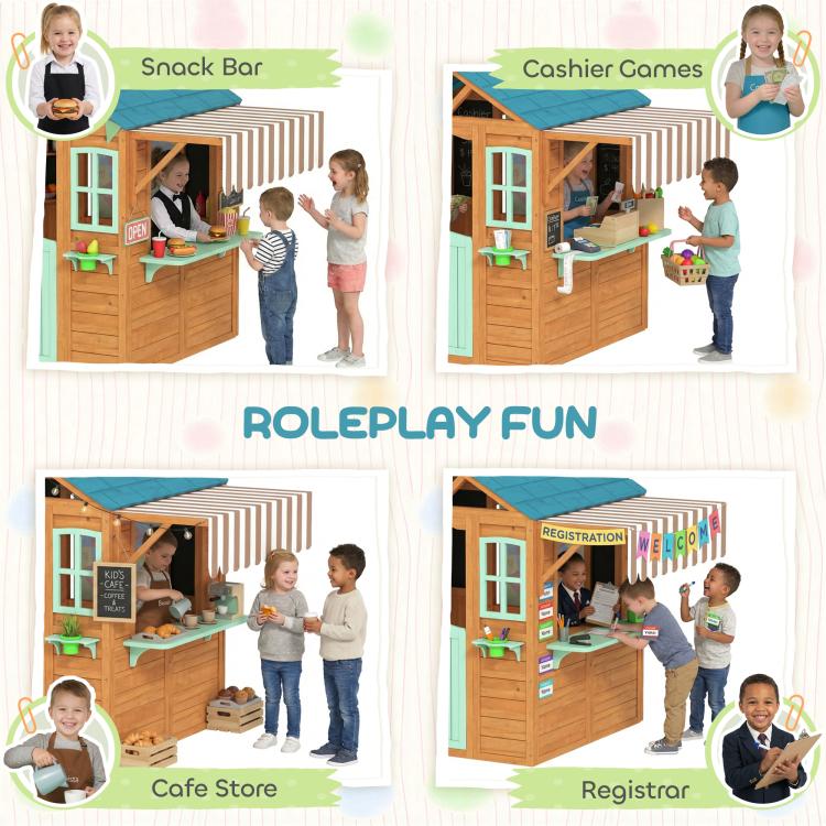 Outdoor playhouse snack bar and window windows shown in roleplay activity layout