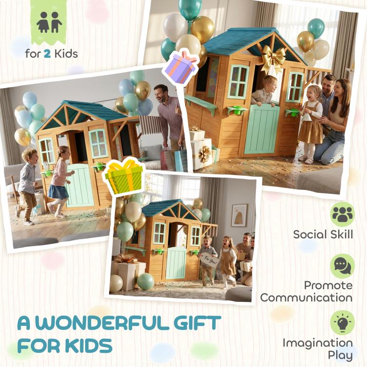 Outdoor playhouse for two kids shown with party balloons and wooden snack bar front view