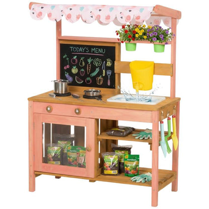 Pink wooden kids mud kitchen with canopy, chalkboard menu, stovetop and yellow sink