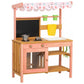 Pink wooden play kitchen with canopy, chalkboard panel, stovetop burners and yellow sink