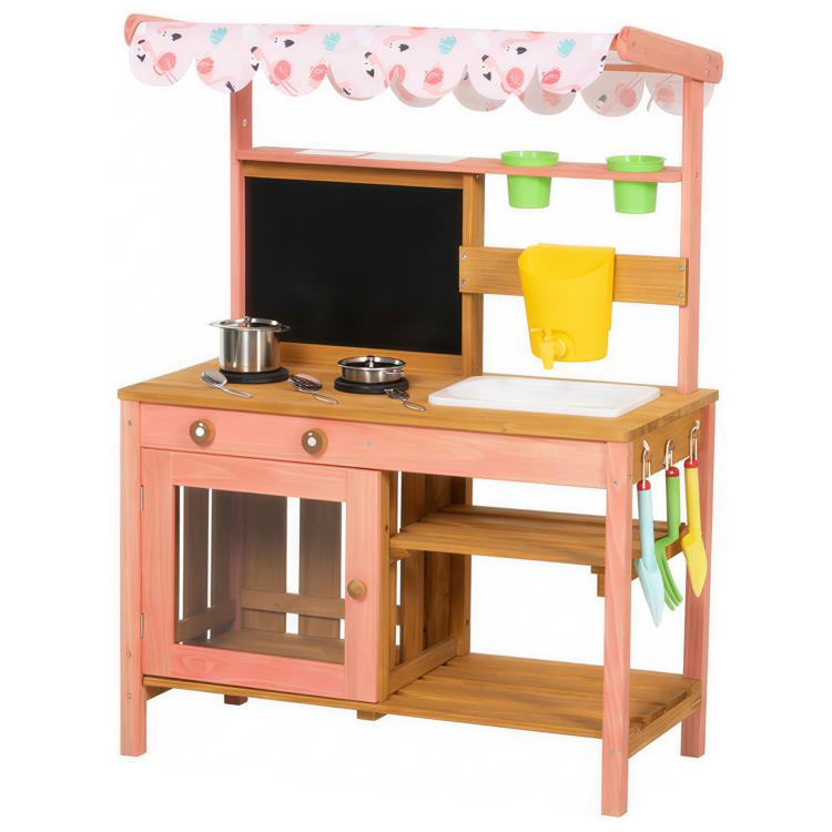 Pink wooden play kitchen with canopy, countertop stove, hanging utensils and shelves