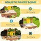 Wooden mud kitchen playset with sink and stovetop, illustrated water and mud features