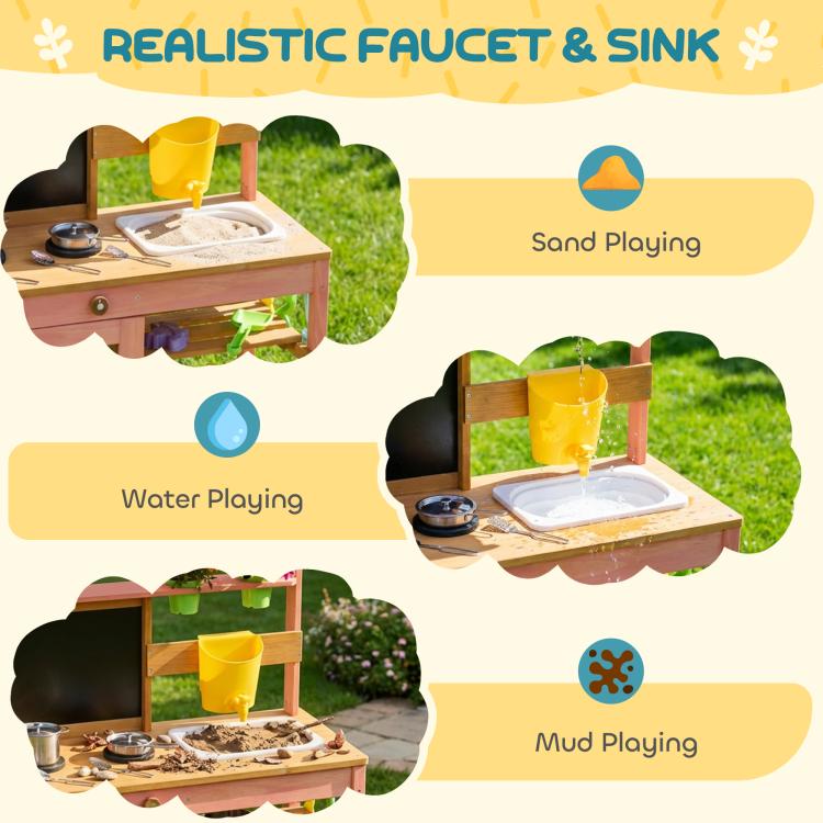 Wooden mud kitchen playset with sink and stovetop, illustrated water and mud features