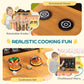 Wooden play cooking kitchen with rotatable knobs, stovetop burners and chalkboard menu