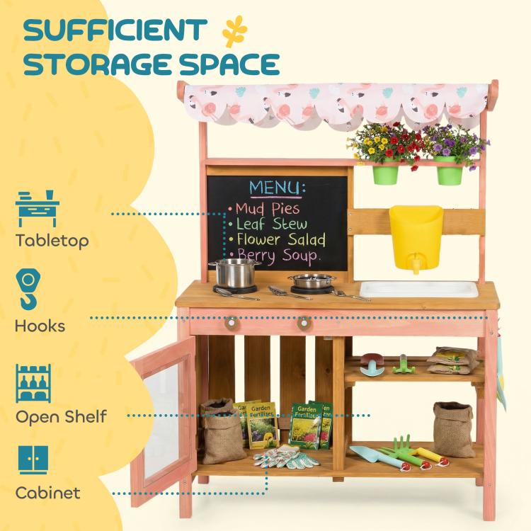 Pink kids mud kitchen with storage cabinet, open shelves, hooks and chalkboard tabletop