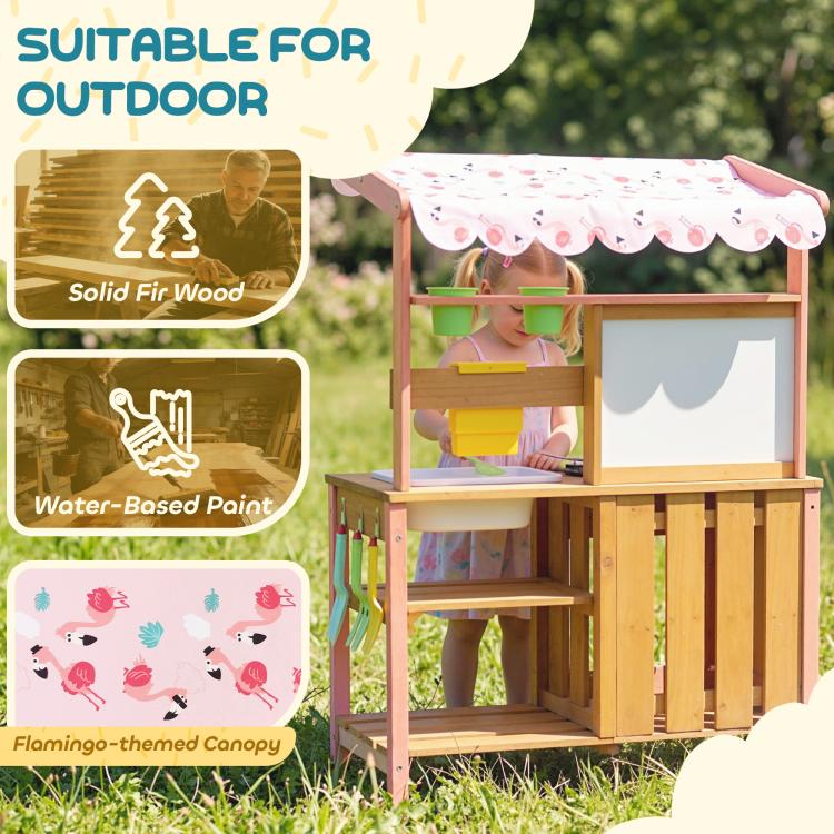 Outdoor wooden play kitchen with floral canopy, yellow sink and planter shelf areas