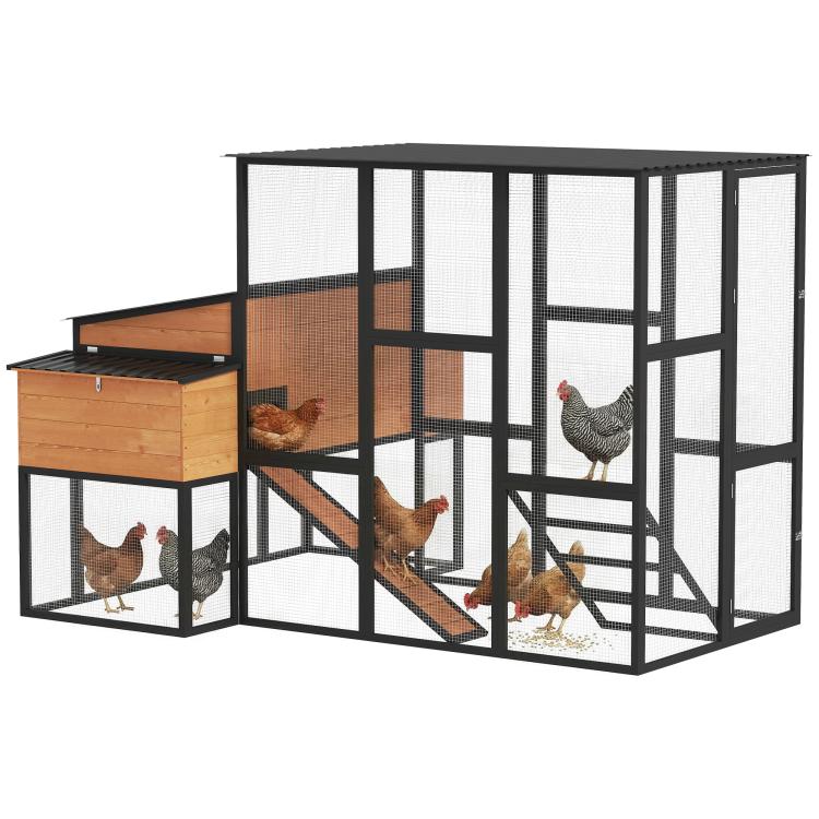 Wooden walk-in chicken coop with wire-mesh sides, ramp, and fenced run