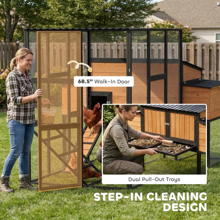 Walk-in chicken coop with walk-in mesh door, wooden nesting boxes, and covered run
