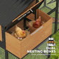 Dual nesting boxes inside wooden hen house with openable top and straw-filled compartments