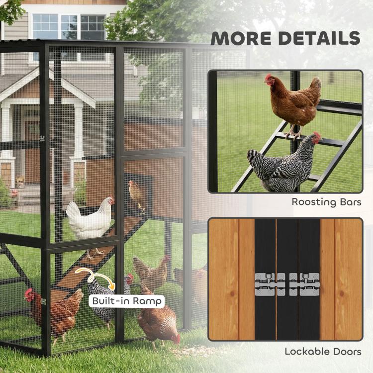 Chicken coop with built-in ramp, lockable doors, and roosting bars on mesh run