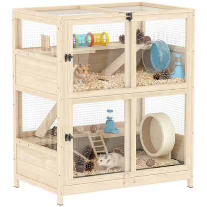 Wooden 4-tier small animal cage with mesh sides, flip top, and interior ramps