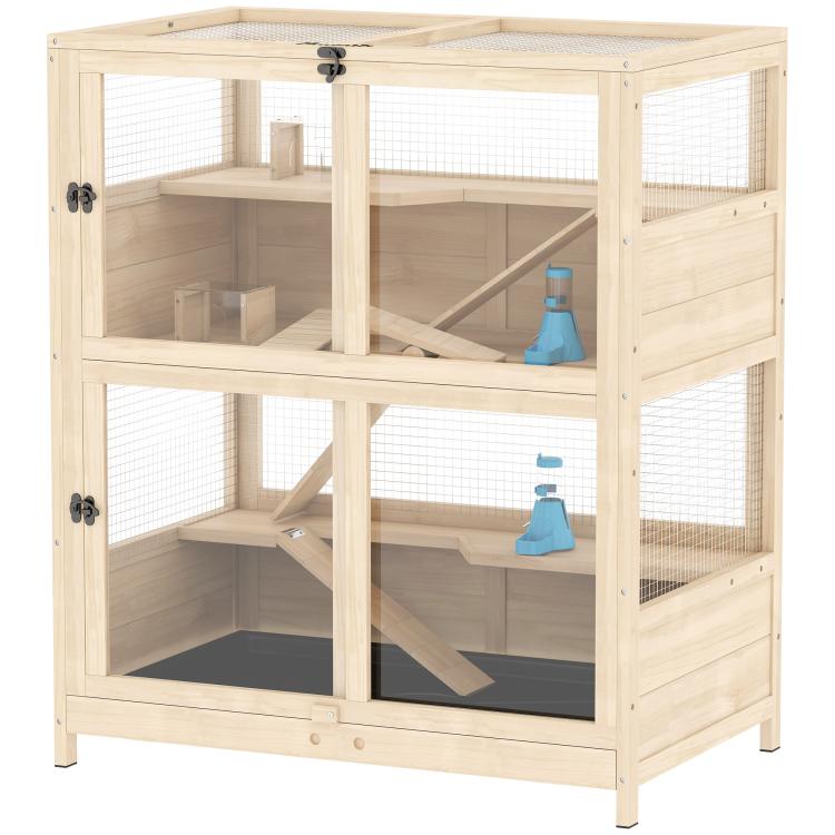 Wooden 4-tier small animal cage with mesh panels and open front access doors