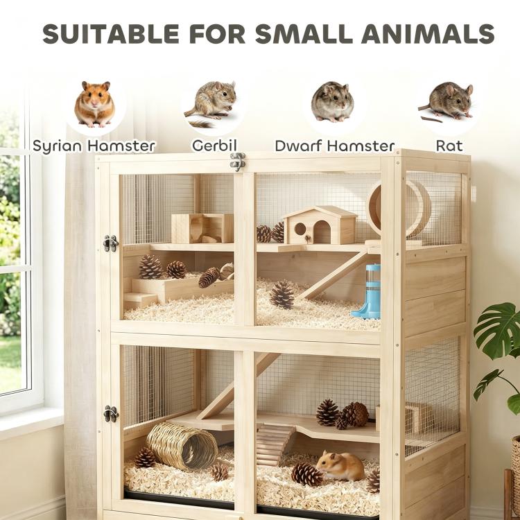 4-tier wooden small animal cage with mesh panels, flip roof, ramps and pull-out tray